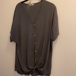 Grey button down with tie short sleeve shirt